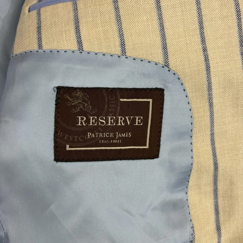 Patrick James Reserve Blazer Sport Coat Mens 44 Beige Stripe Wool Silk Linen